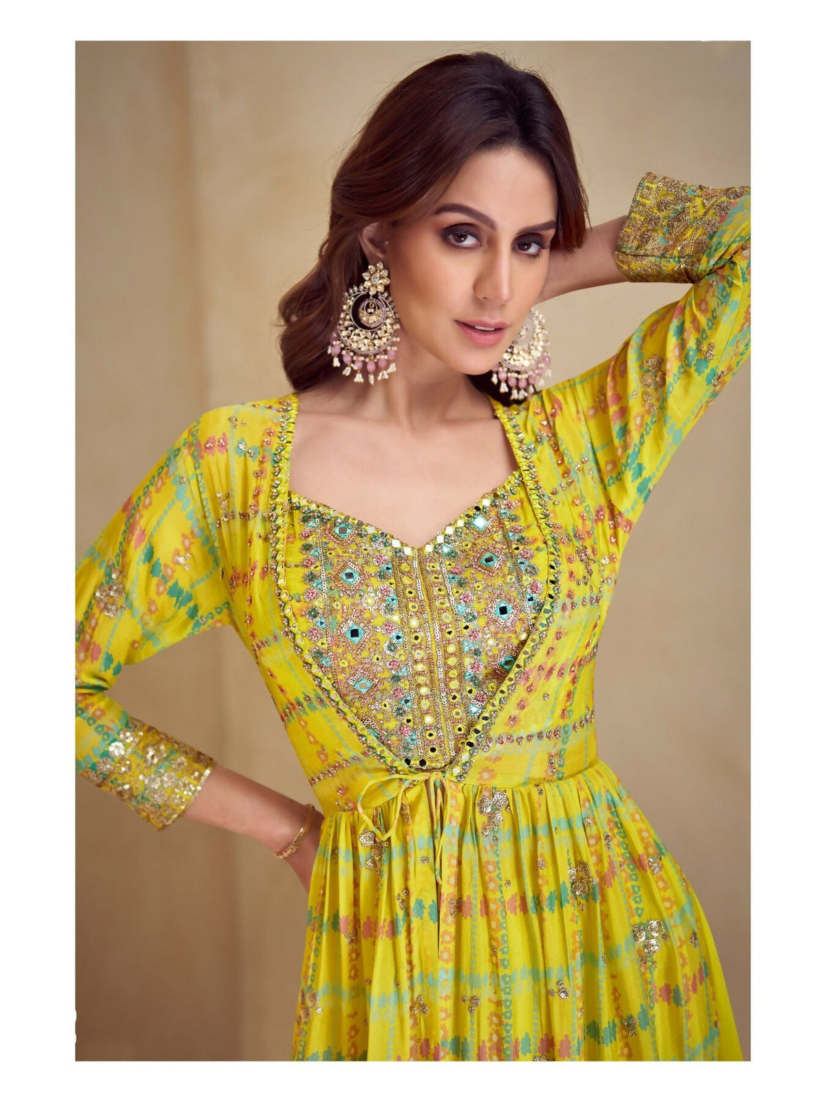 Anaita Yellow Real Chinon Stitched 3 Piece Suit with Printed & Embroidery hand work | Grocsy