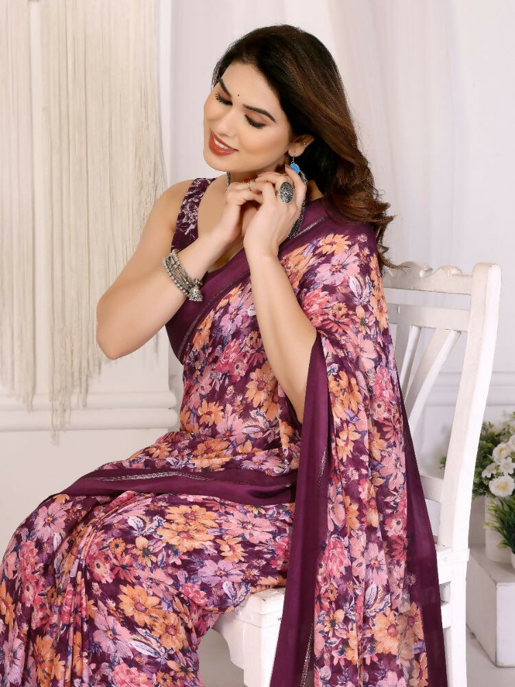 PR Fashion Purple Bright Moss Satin Patta Printed Saree | Grocsy