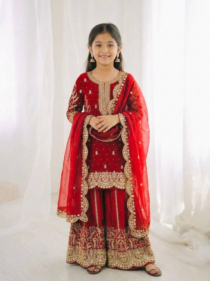 Teeya Creation New Trendy Fully Stitched Ready to Wear Kids Kurta Palazzo Set-Red | Grocsy