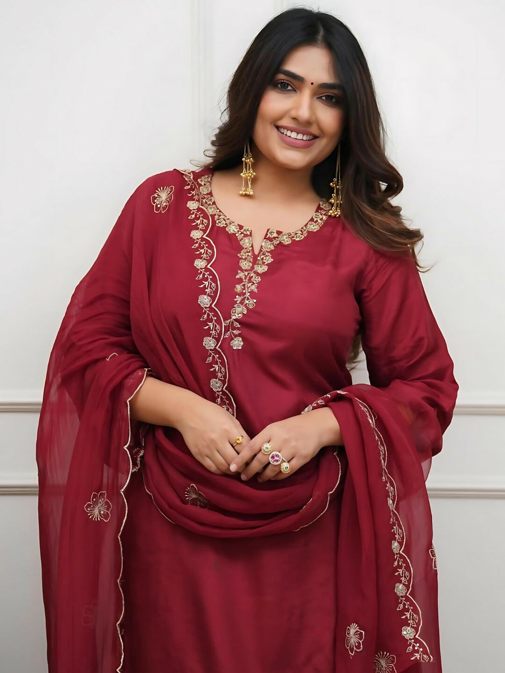 The52 Women's Beautiful Embroidery Work Roman Silk Fabric Straight Kurta Pant and Dupatta Set | Grocsy
