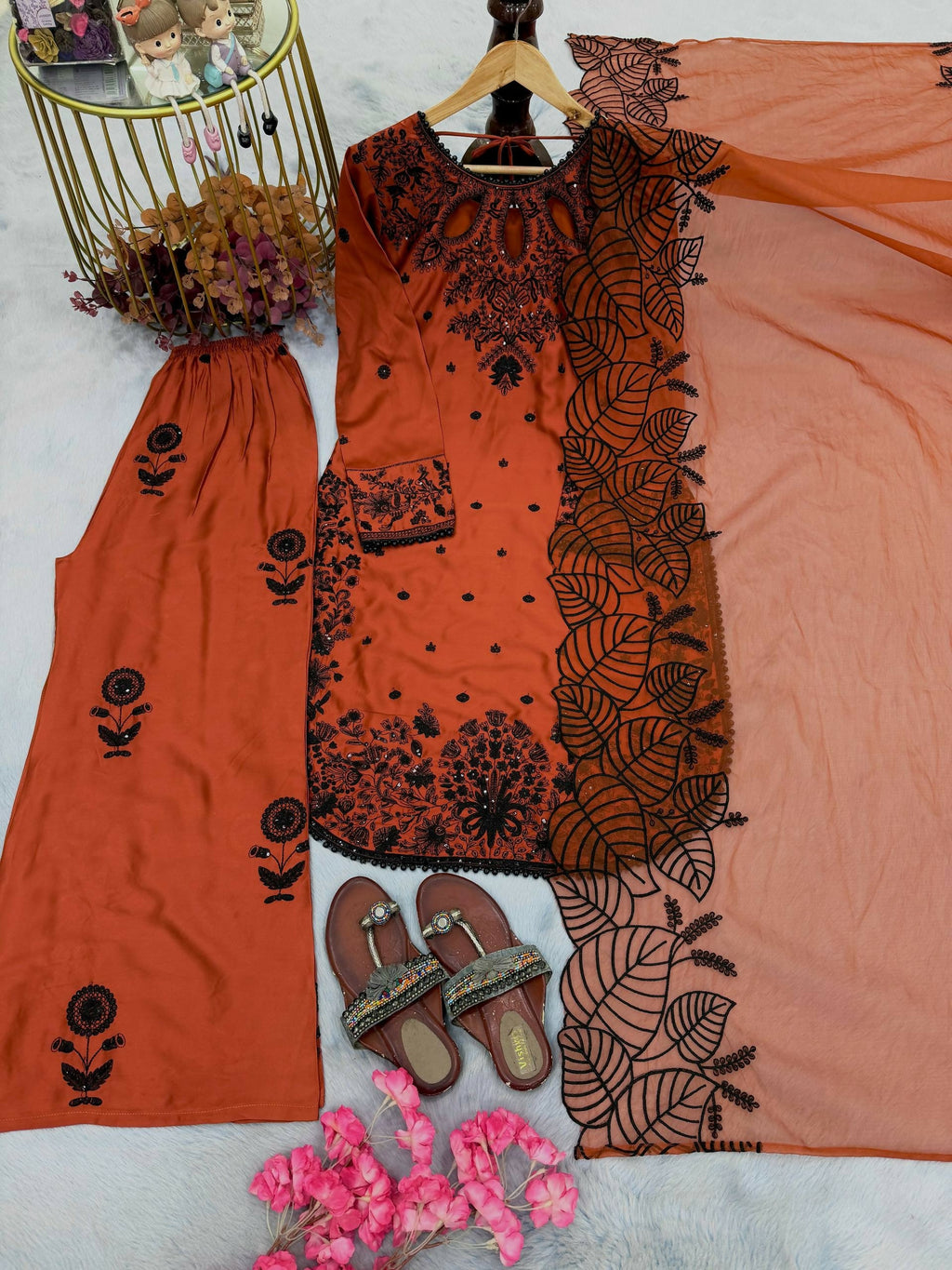 Teeya Creation Womens Trending Stylish Kurta Palazzo Set - Orange | Grocsy
