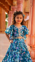 Jyoti Fashion Beautiful Blue Faux Georgette Digital Printed with Sequins Embroidered Kids Lehenga Choli Set | Grocsy