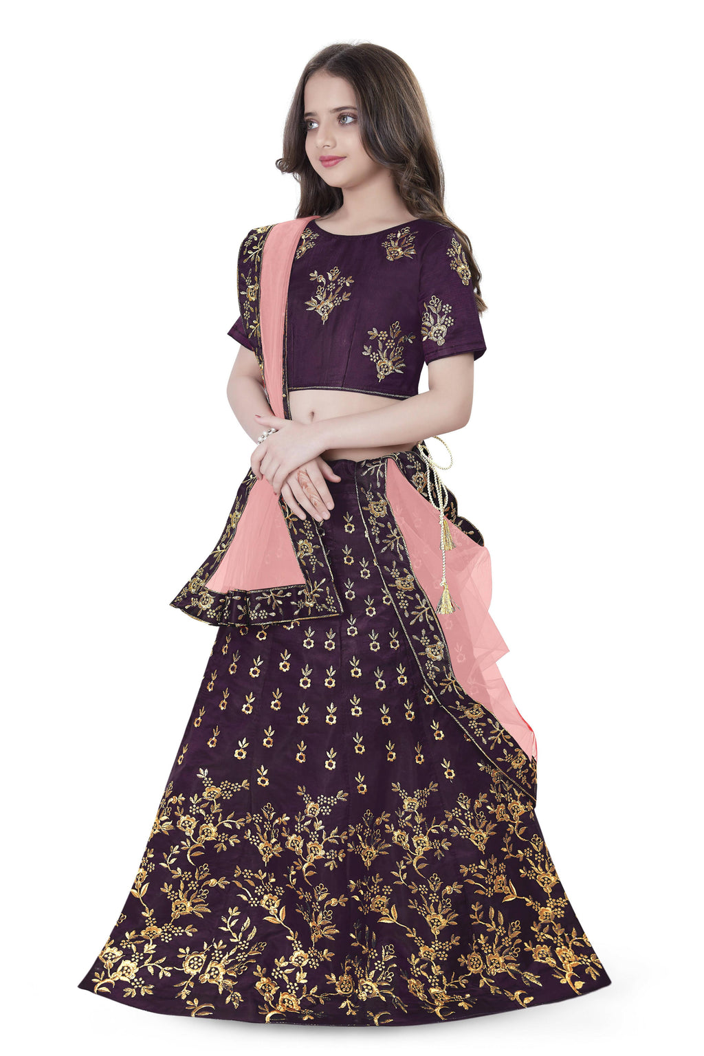 Dwiden Purple Baby Doll Tafetta Sattin Semi-Stitched Girl's Lehenga Choli | Grocsy