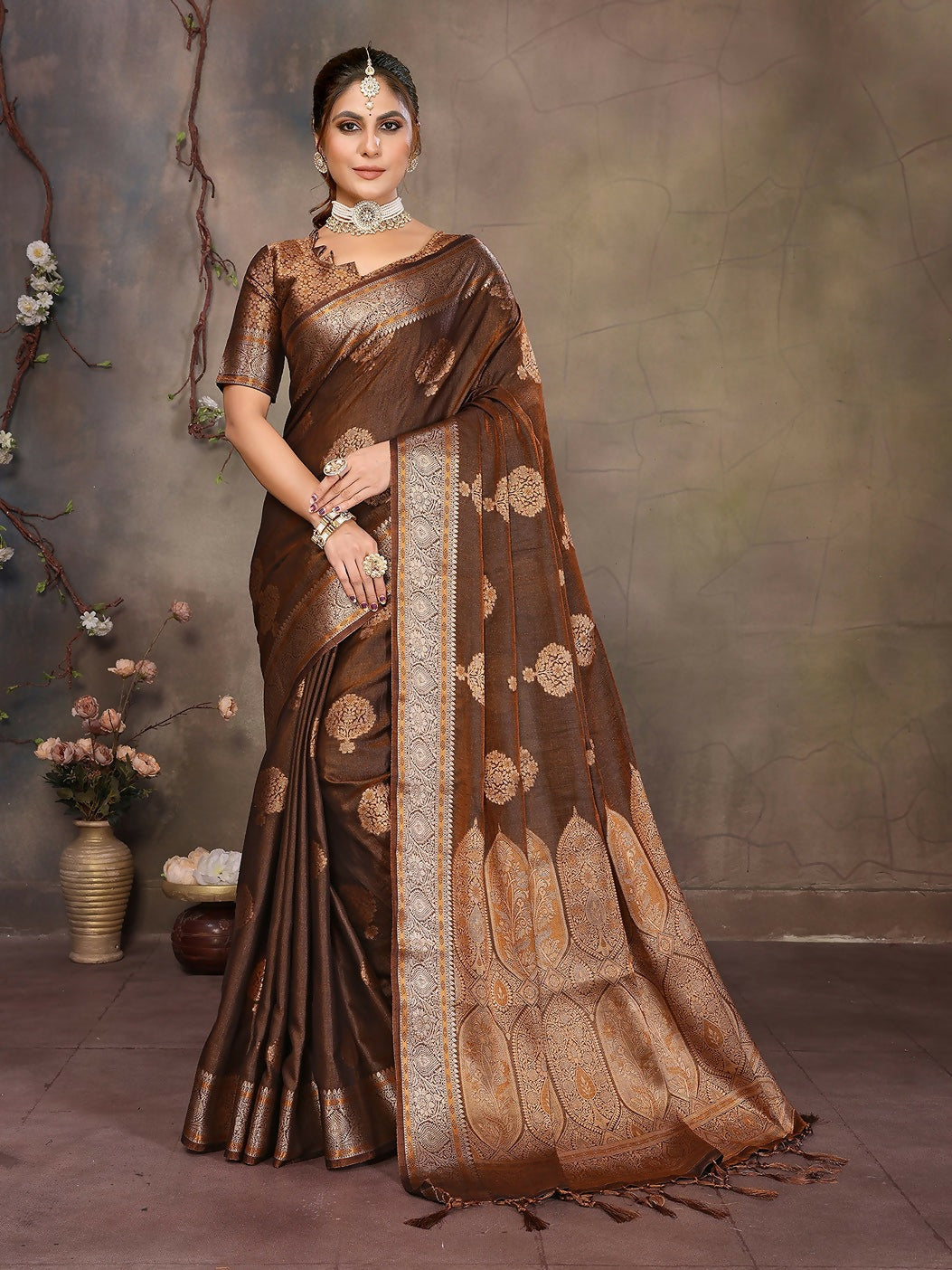 Joban Fashion Copper Woven Jacquard Banarasi Silk Sarees | Grocsy