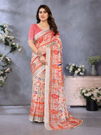 PR Fashion Orange Handloom Linen Cotton Saree | Grocsy