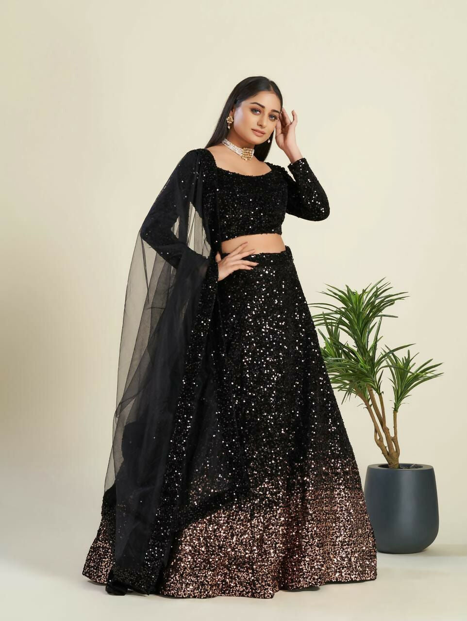 Jyoti Fashion Women's Black Velvet Heavy Sequins Semi Stitched Designer Lehenga Choli Set | Grocsy