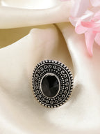 NVR Women's Black Silver-Toned German Silver Adjustable Finger Ring | Grocsy