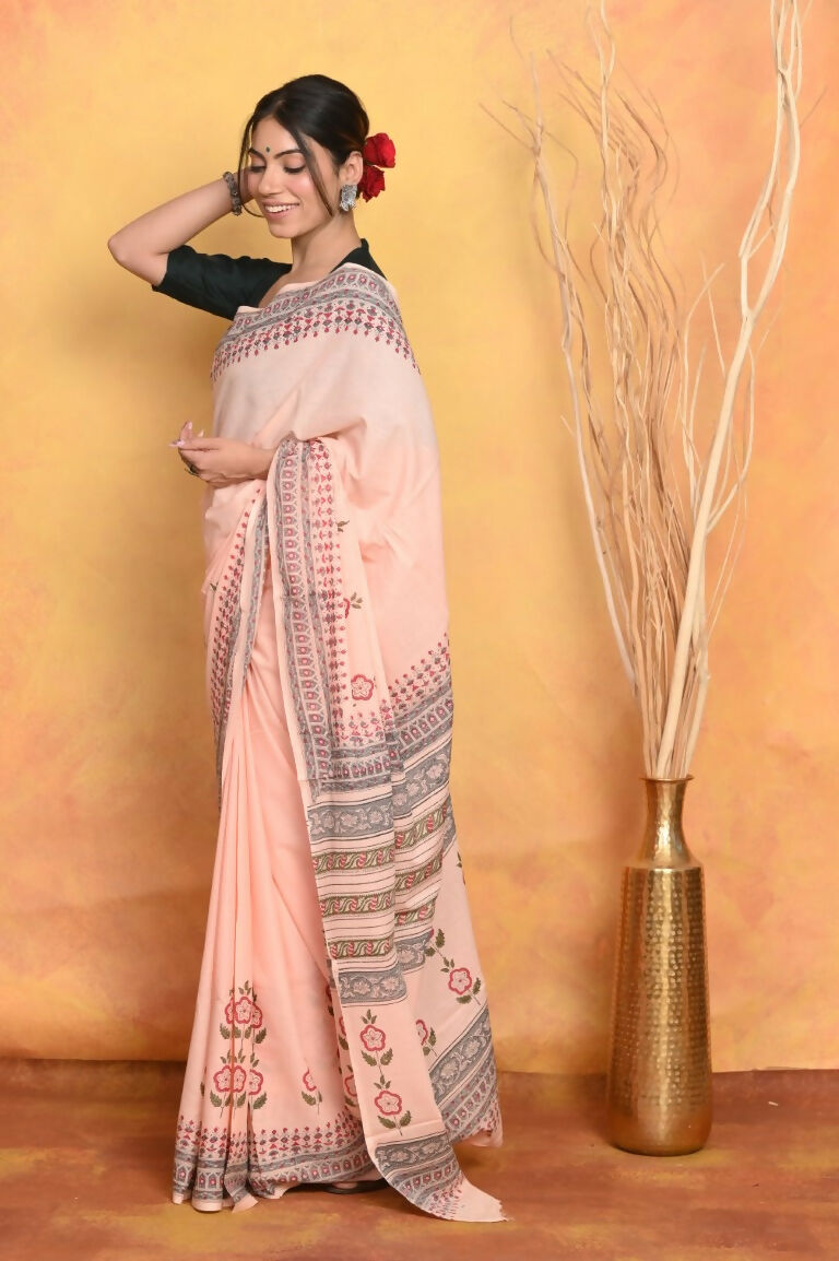 Very Much Indian Handblock Printed Cotton Saree With Natural Dyes - Peach | Grocsy