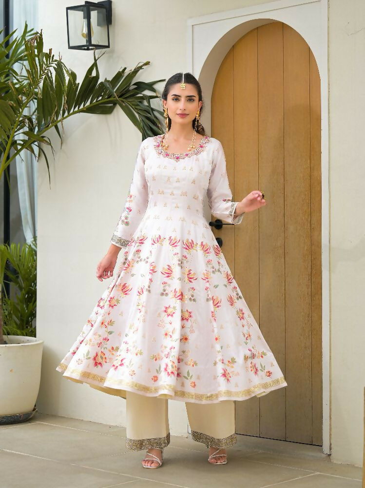 Functional Designer Off white Jam Silk Anarkali suit with Dupatta-Anbazaar | Grocsy