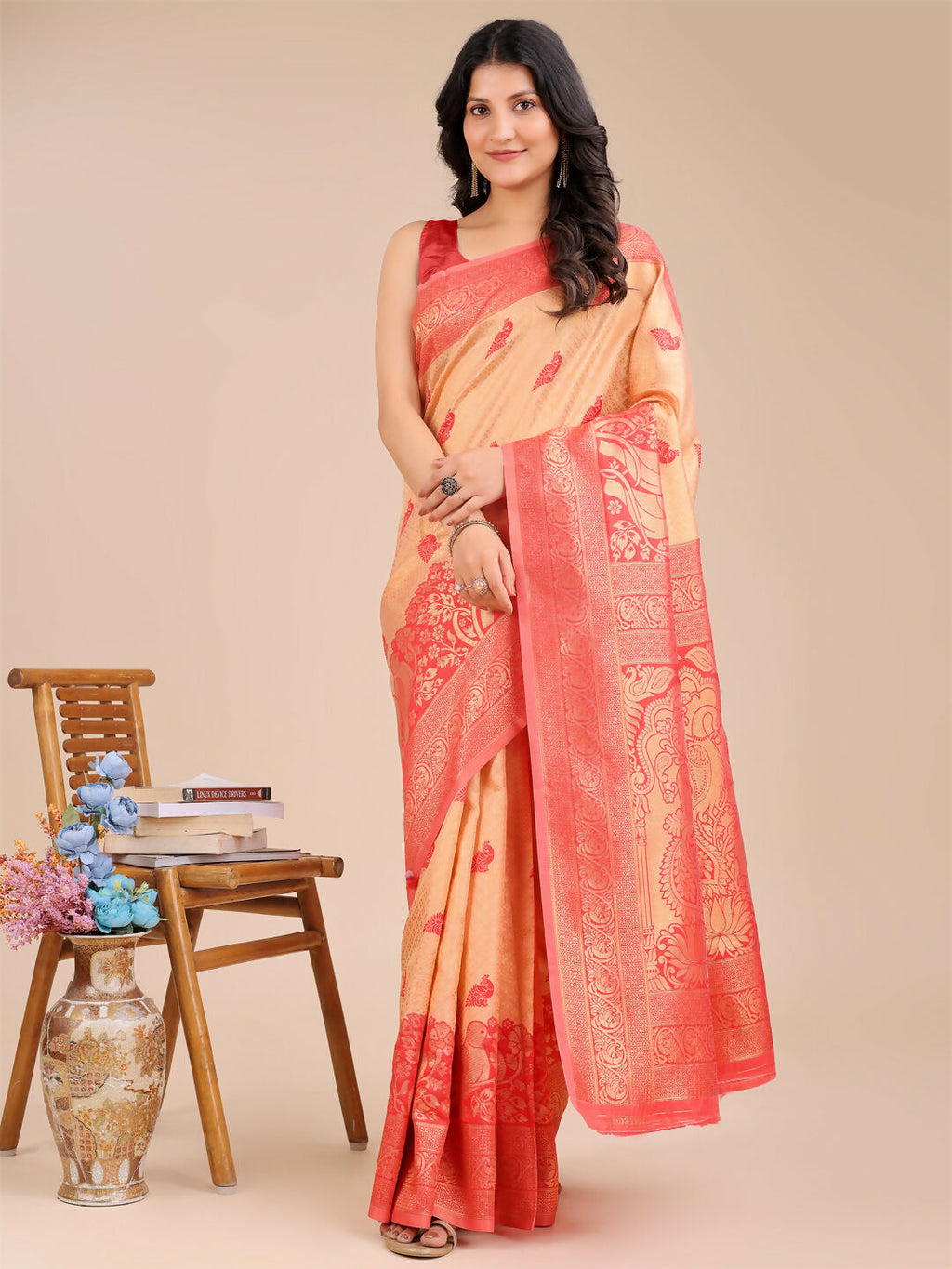 Shree Shyam Fashion Banarasi Silk Cream & Red Saree | Grocsy