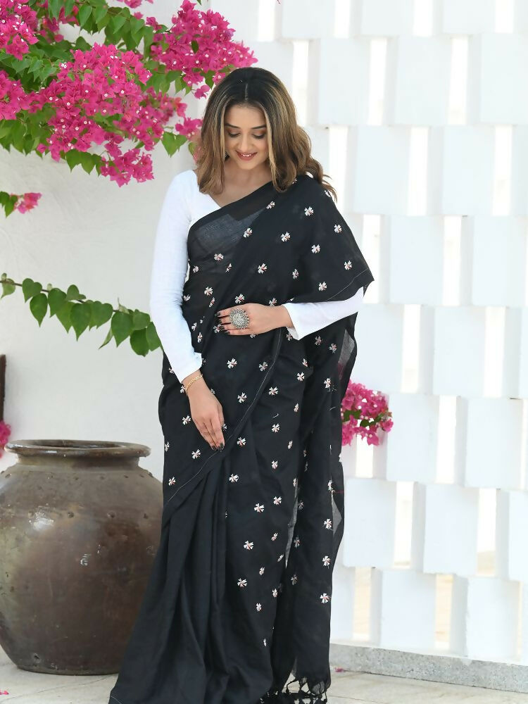 Beatitude Black Khadi Floral Embroidered Saree | Grocsy