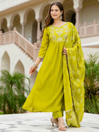 The52 Liril Women's Beautiful Embroidered work Chinon Fabric with Flared Kurta, Pant and Dupatta Set | Grocsy