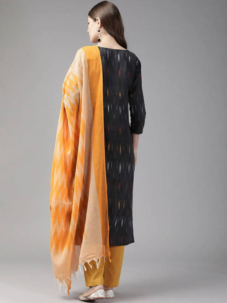 Yufta Black Pure Cotton Ikat Design Kurta with Palazzo & Dupatta | Grocsy