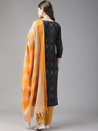 Yufta Black Pure Cotton Ikat Design Kurta with Palazzo & Dupatta | Grocsy