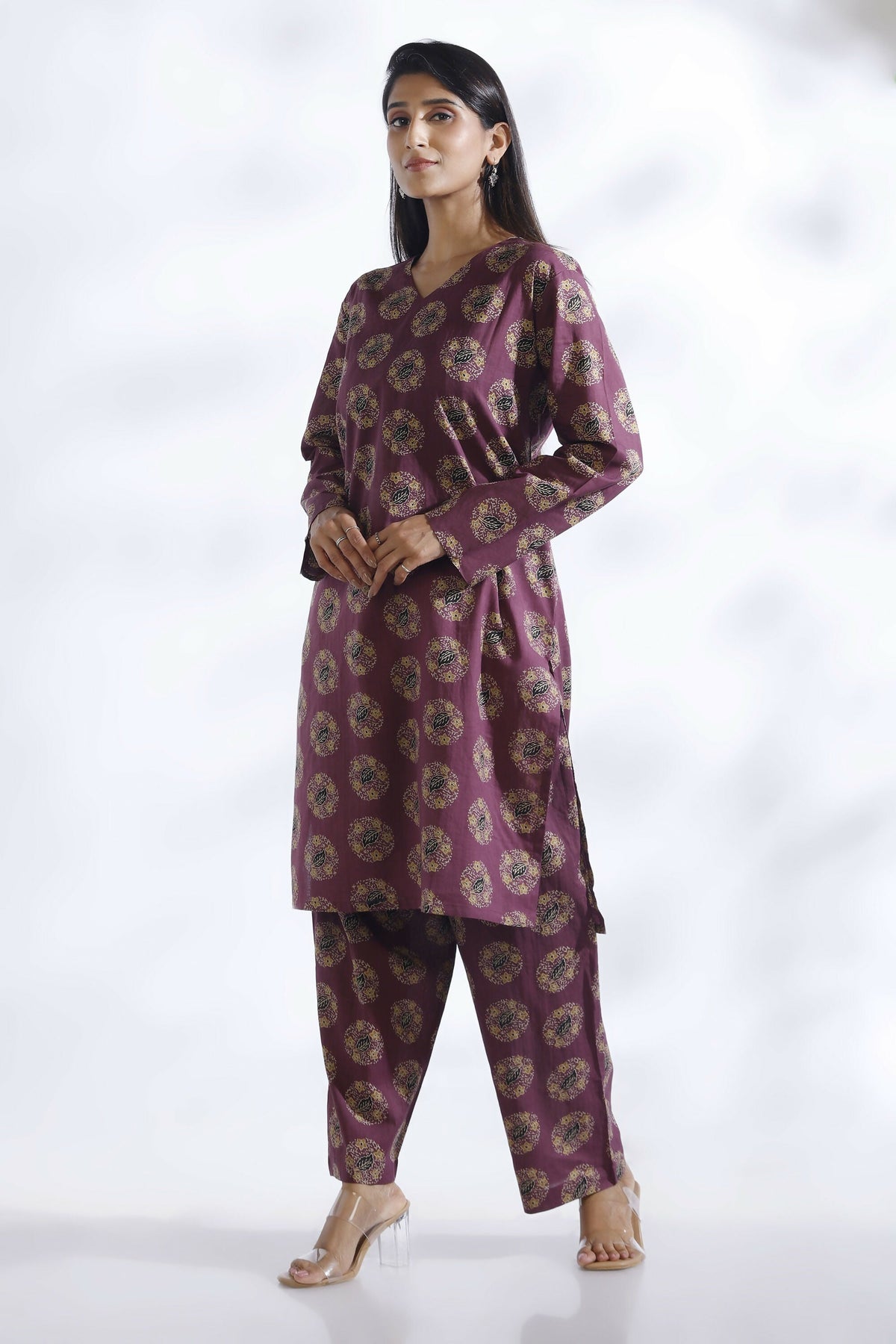 Breathables Wine Butta Print Cotton Kurta & Pants Set | Grocsy
