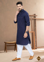 Joban Fashion Men's Blue Heavy Cotton Plain Kurta Pyjama set | Grocsy