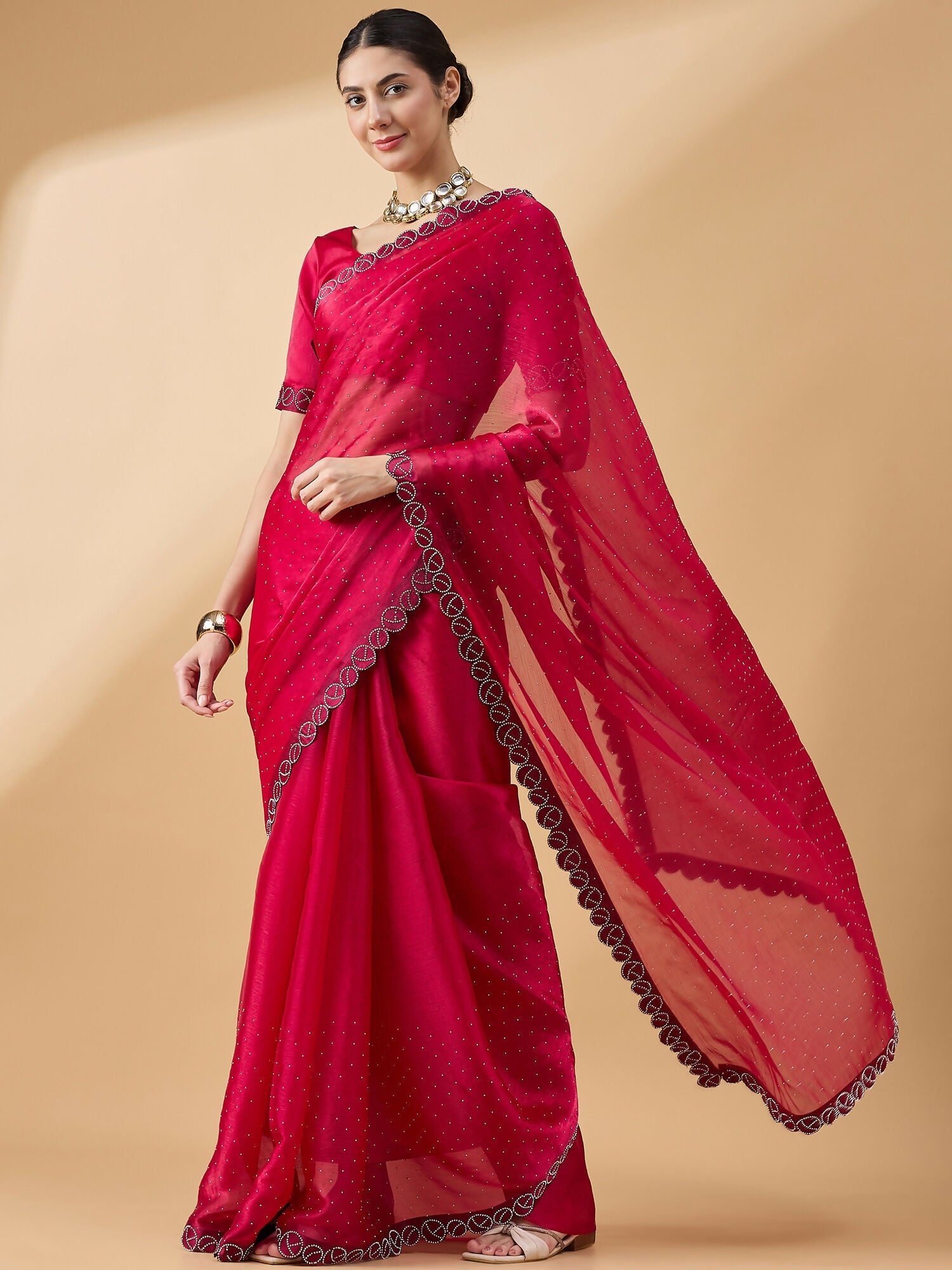 Pink Organza Swaroski Diamond Work Saree with Unstitched Blouse - Radha | Grocsy