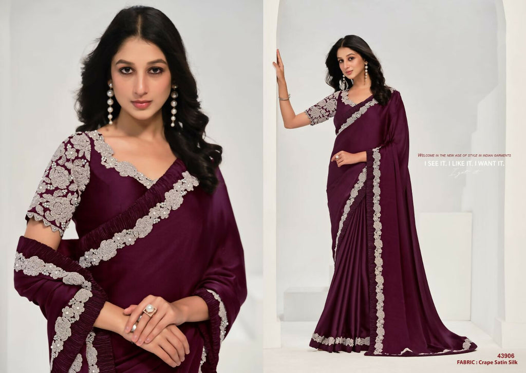 Wine Crepe Satin Silk Handwork Saree with Unstitched Blouse Piece - Norita Saanjh | Grocsy