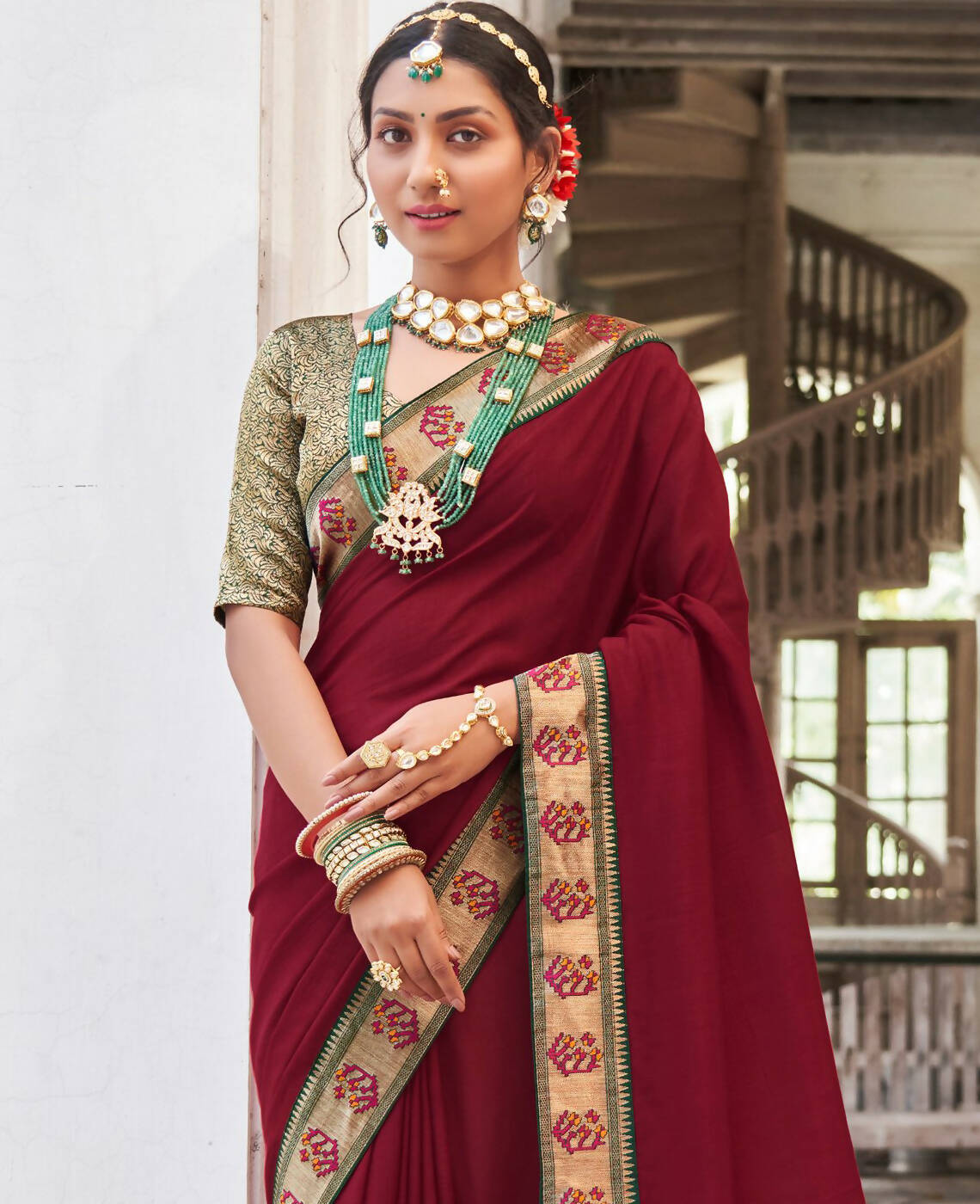 Maroon Vichitra Solid Saree With Unstitched Blouse Piece - Juhi | Grocsy