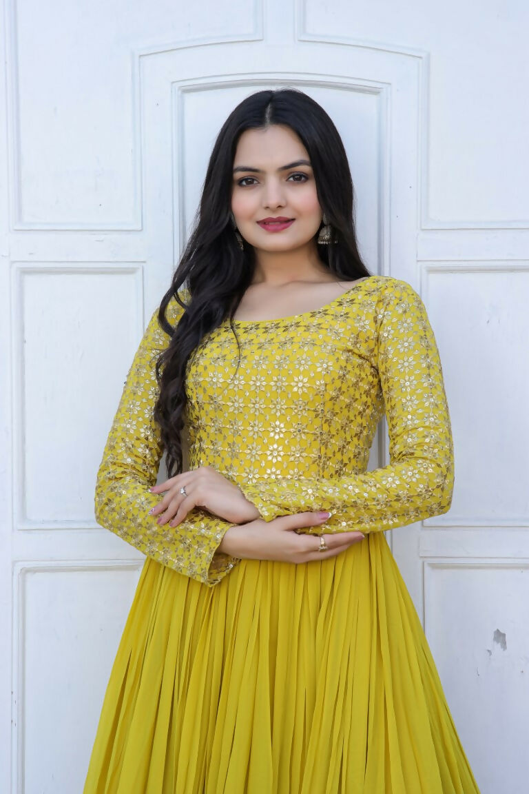 Jyoti Fashion Women's Yellow Sequence Zari Embroidered Faux Blooming Anarkali Dress | Grocsy