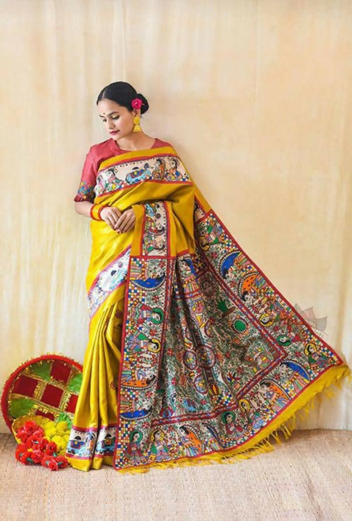 Exclusive Collection Yellow 4 Beautiful Khadi Ghicha Handloom Saree | Grocsy