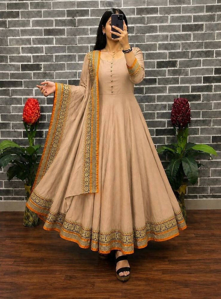 Teeya Creation New Trendy Stylish Cream Solid Anarkali Kurta with Traditional Golden Border Dupatta Set | Grocsy
