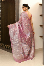 Joban Fashion Purple Saree Tissue Zari Buti Allover Applick With Contrast Blouse | Grocsy