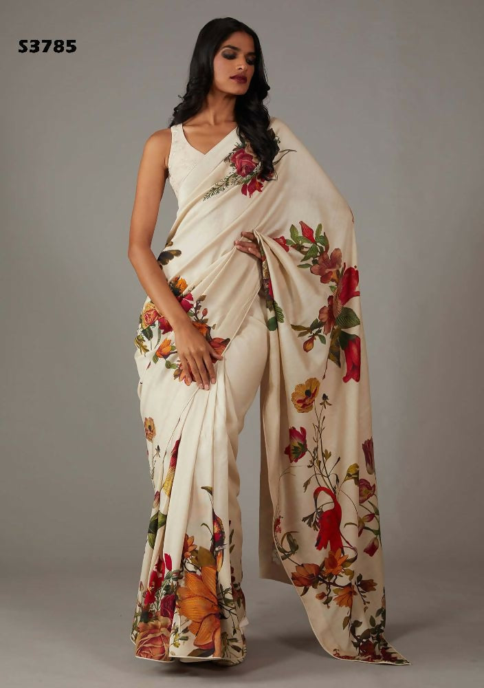 Off White Bright Moss Designer Digital Printed Party Wear Saree - Be Verly | Grocsy