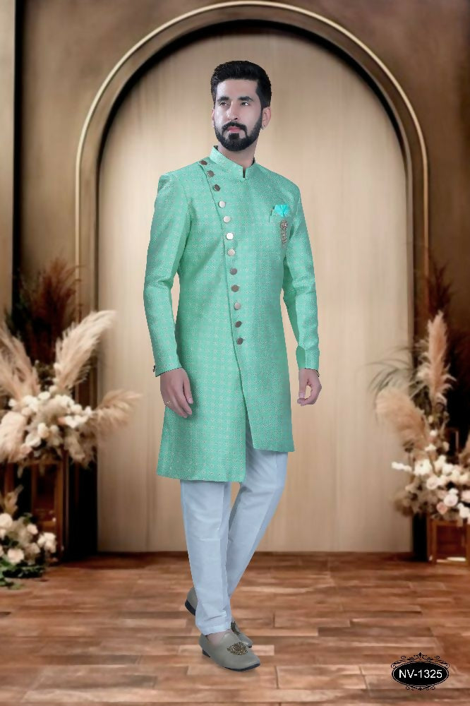 Joban Fashion Men's Bluish-Green Brocade Kurta with Pyjama | Grocsy