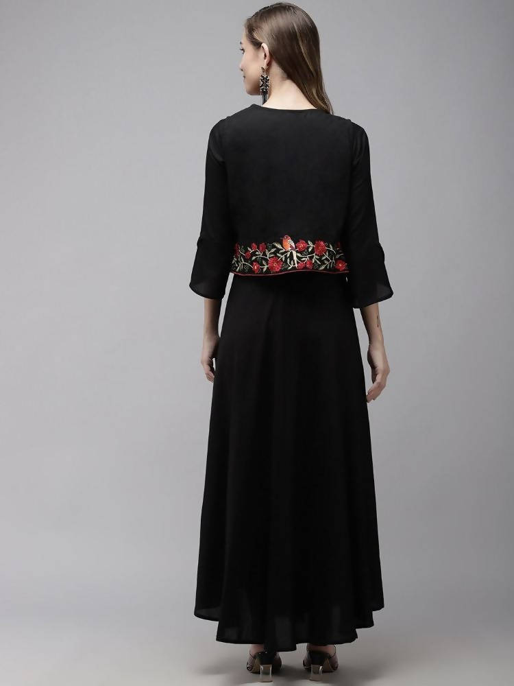 Yufta Women A-Line Black Dress With Red Embroidered Jacket | Grocsy