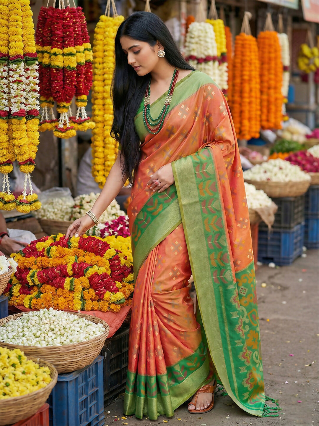 Shree Shyam Fashion Orange Pochampally Silk Saree | Grocsy