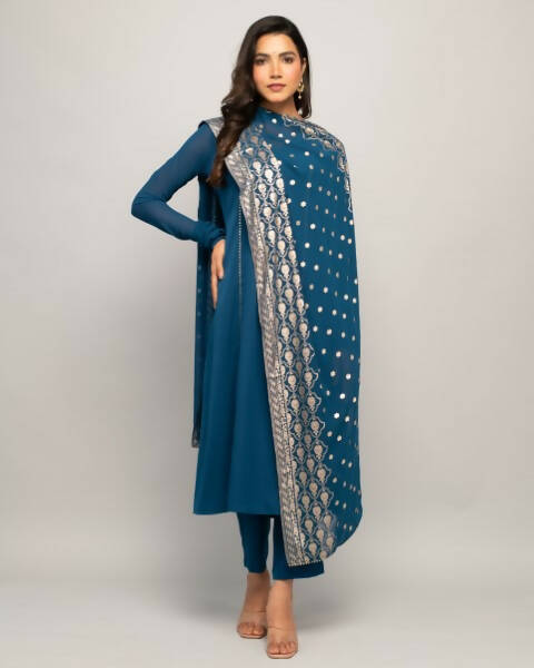 FIORRA Women's Teal Blue Creap A-Line Kurta Pant With Dupatta | Grocsy