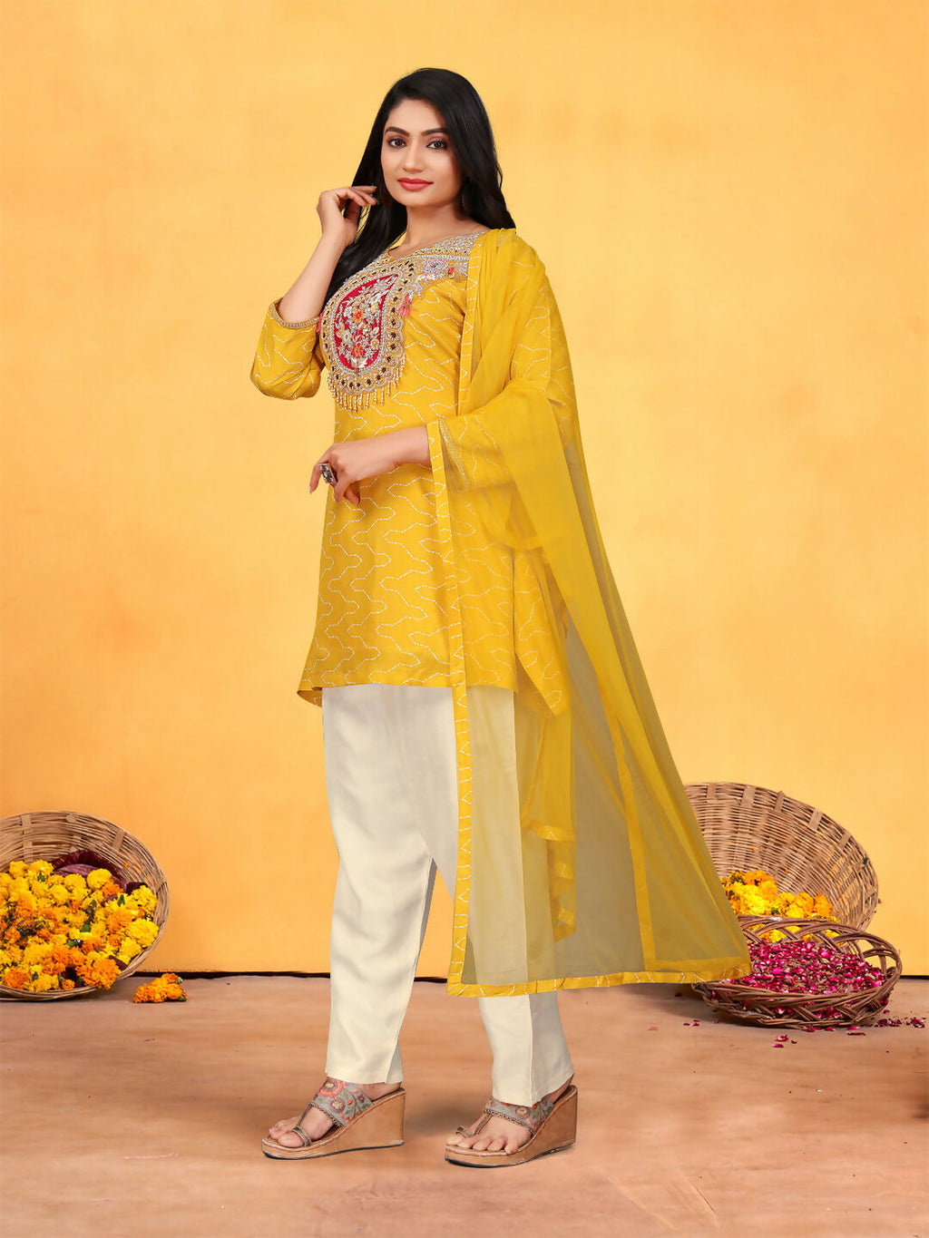 Joban Fashion Mustard Cotton Premium Pure Viscose Print Dola With Handwork Kurta set | Grocsy