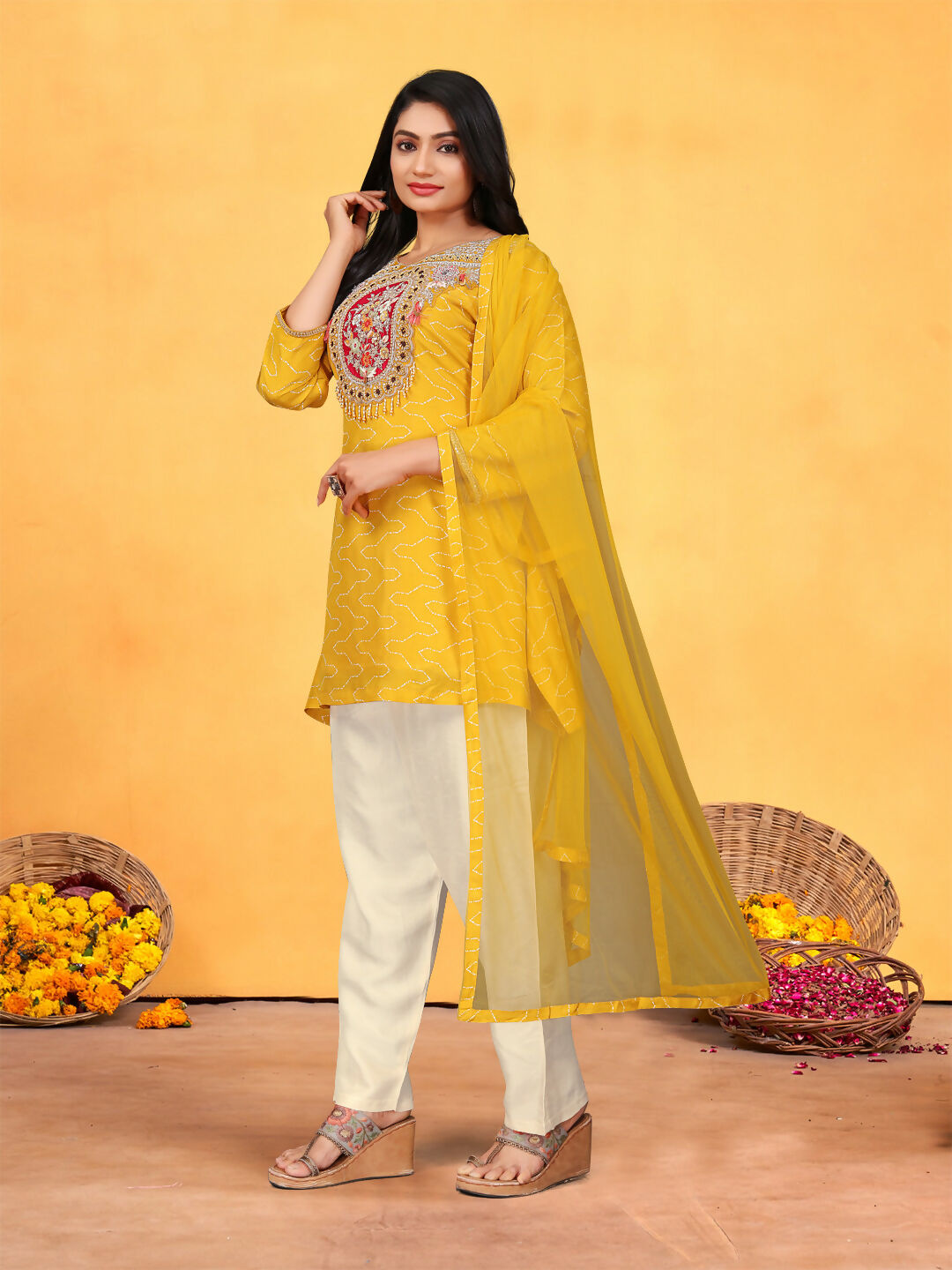 Joban Fashion Mustard Cotton Premium Pure Viscose Print Dola With Handwork Kurta set | Grocsy