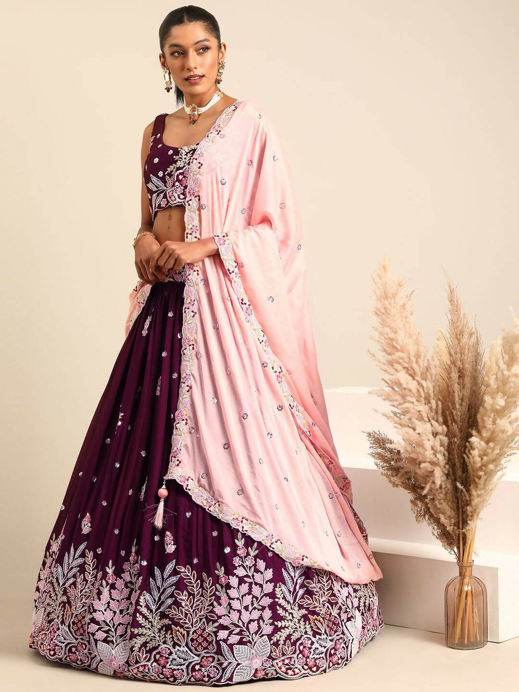 House of Panchhi Burgundy Georgette Sequins and thread embroidery Lehenga choli & Dupatta | Grocsy