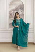 The52 Rama Women's Beautiful Vichitra Silk Fabric Embroidered Work Flared Anarkali Pant and Dupatta Set | Grocsy