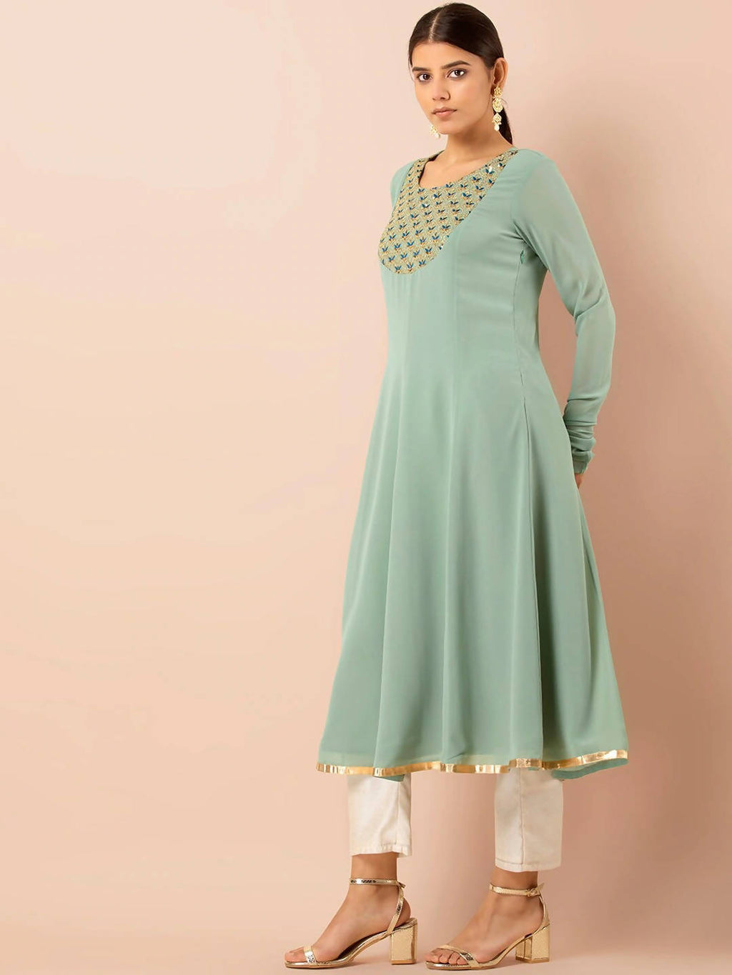 Indya Green Embroidered A-Line Kurta | Grocsy