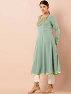 Indya Green Embroidered A-Line Kurta | Grocsy