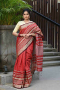 Beatitude Red Cotton Stripes Border Handloom Saree | Grocsy