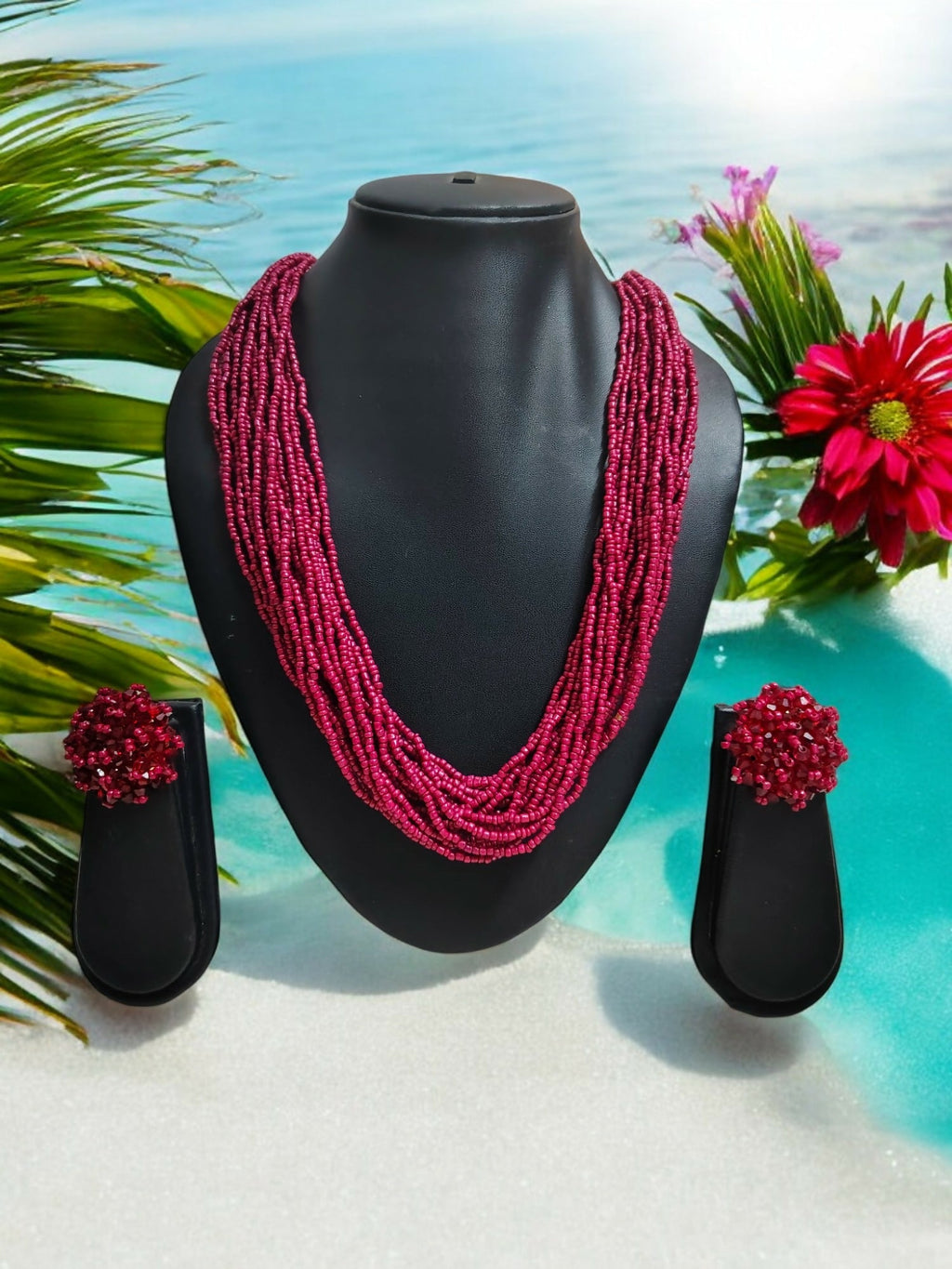 Inhanns Vibrant Handmade 20 Layers Beaded Necklace With Matching Earrings - Wine | Grocsy