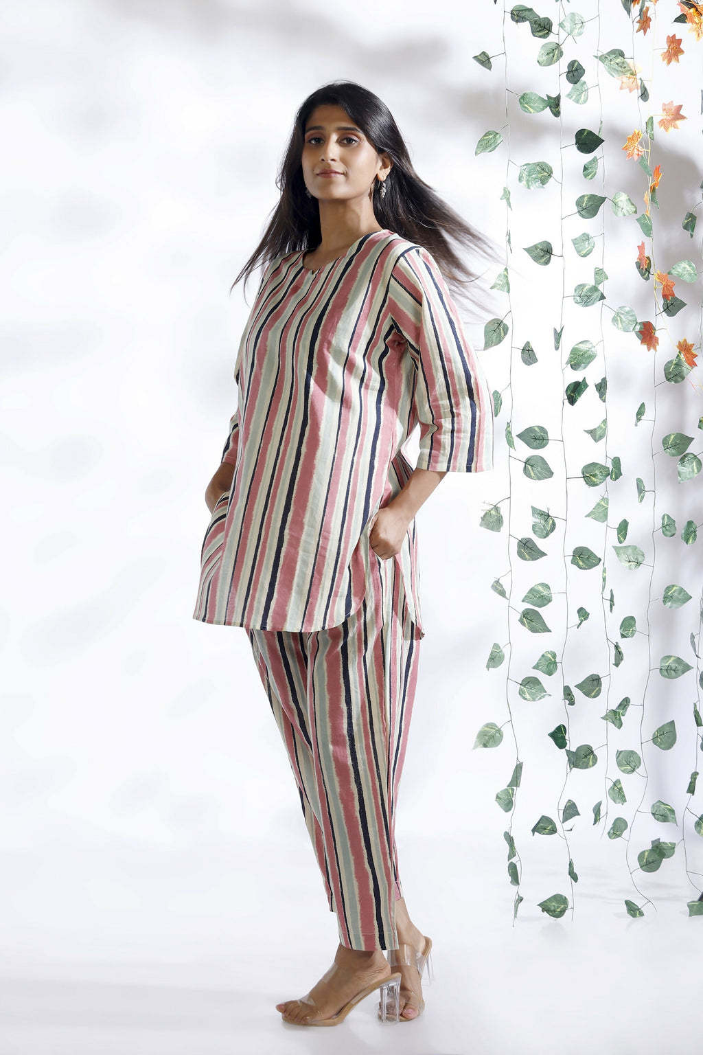 Breathables Women’S Pink Cotton Stripes Loungewear Co-Ord Set | Grocsy