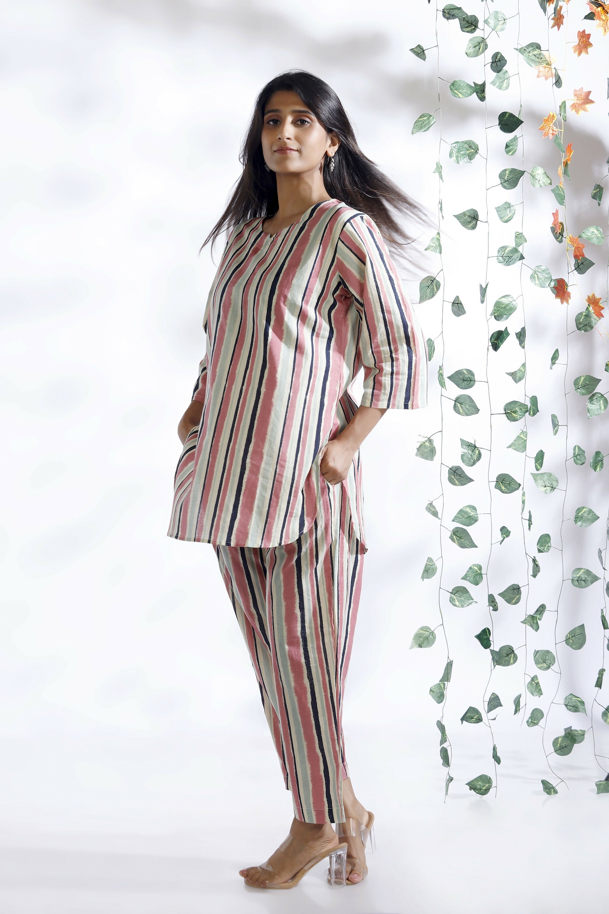 Breathables Women’S Pink Cotton Stripes Loungewear Co-Ord Set | Grocsy