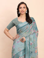 Shree Shyam Fashion Linen Cotton Sea Green Saree | Grocsy