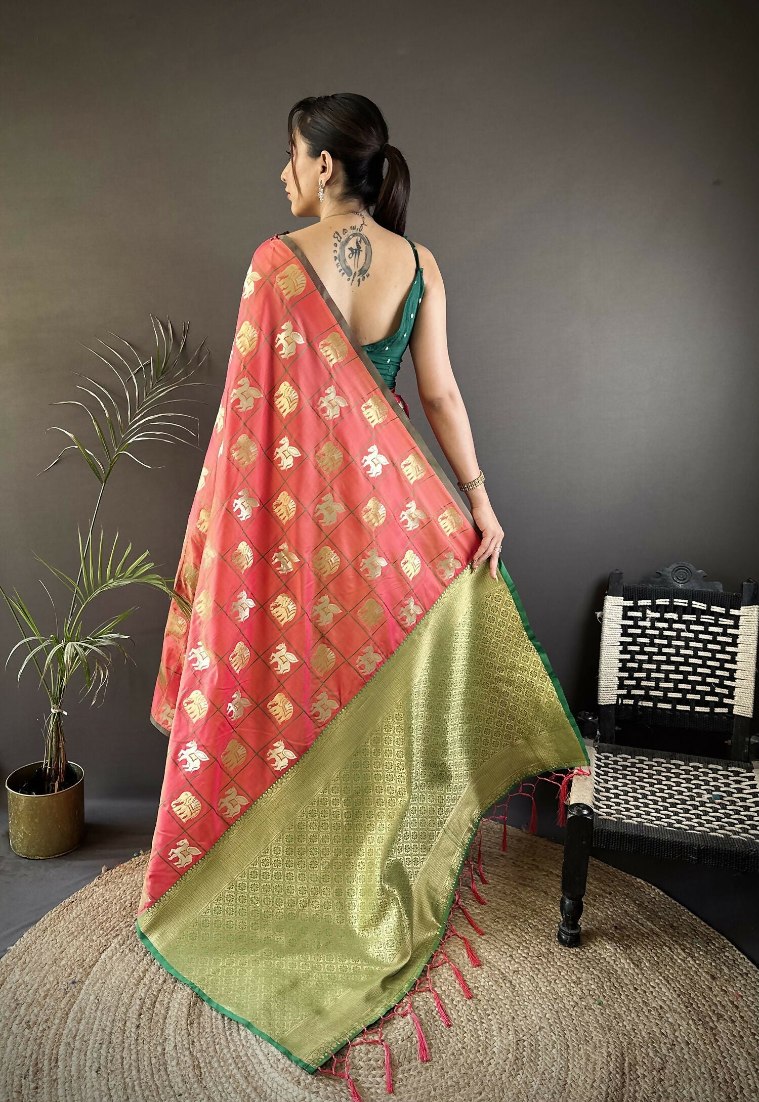 Joban Fashion Orange Elephant Motif Soft Silk Banarasi silk Saree | Grocsy