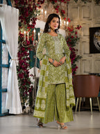 Yufta Olive Green Ethnic Motifs Zari_Work Kurta Sharara With Dupatta Set | Grocsy