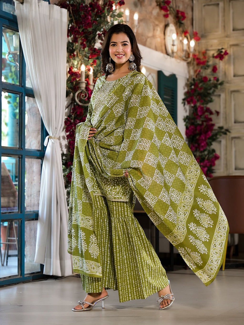 Yufta Olive Green Ethnic Motifs Zari_Work Kurta Sharara With Dupatta Set | Grocsy