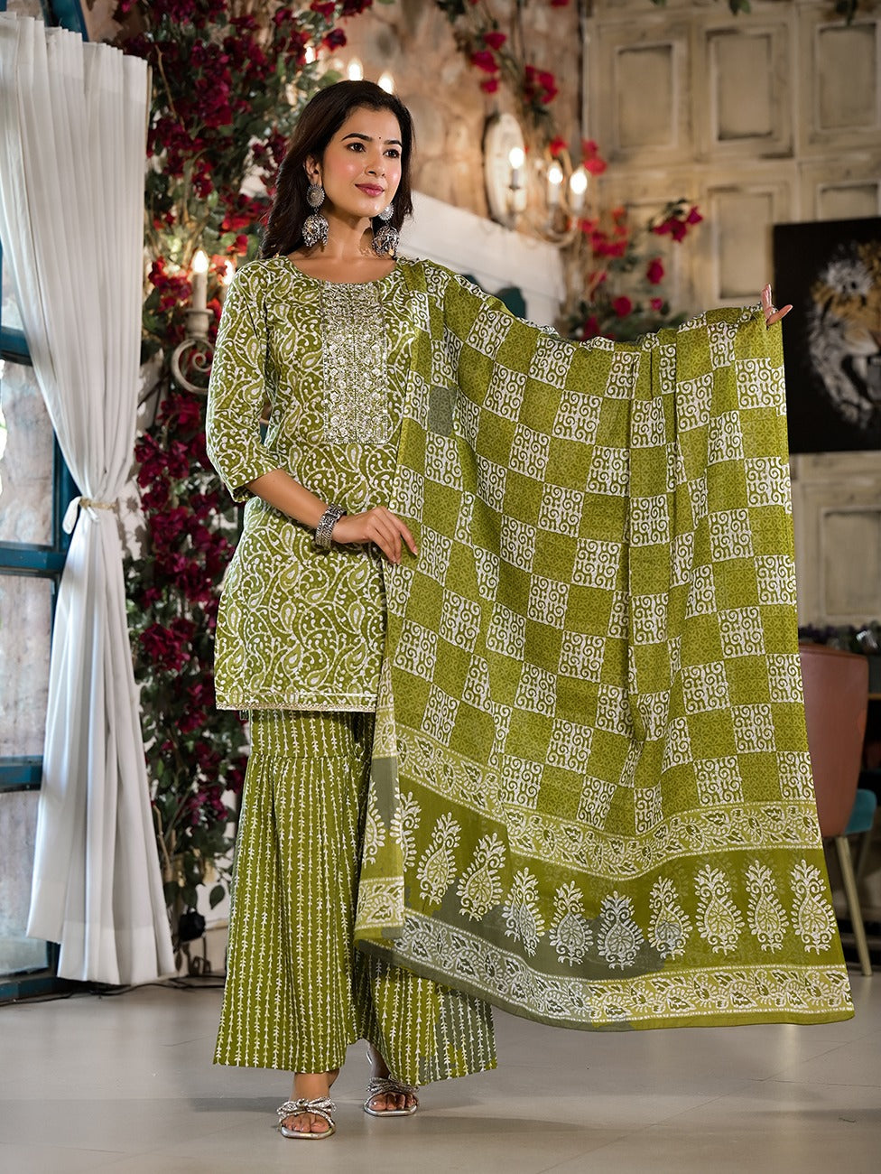 Yufta Olive Green Ethnic Motifs Zari_Work Kurta Sharara With Dupatta Set | Grocsy