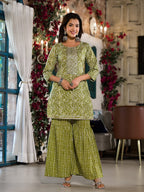 Yufta Olive Green Ethnic Motifs Zari_Work Kurta Sharara With Dupatta Set | Grocsy