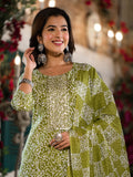 Yufta Olive Green Ethnic Motifs Zari_Work Kurta Sharara With Dupatta Set | Grocsy