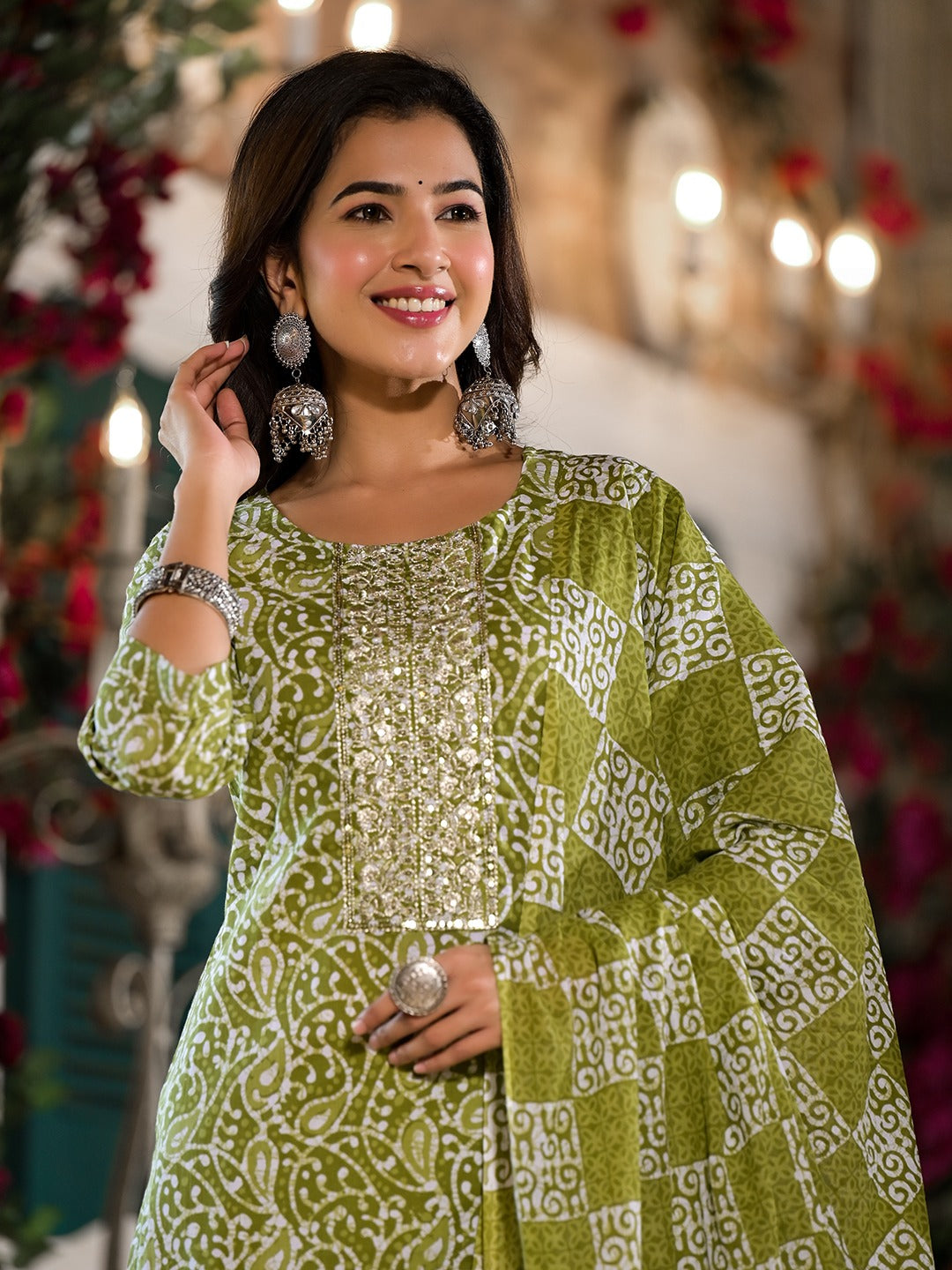 Yufta Olive Green Ethnic Motifs Zari_Work Kurta Sharara With Dupatta Set | Grocsy
